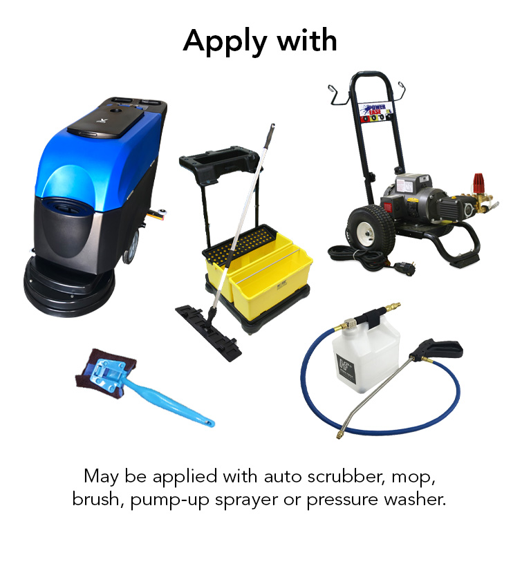auto scrubber, mop, brush, pump up sprayer, pressure washer.